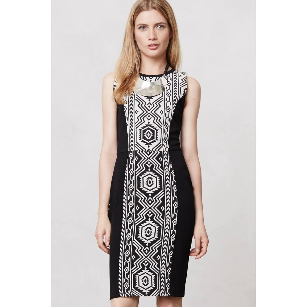 Anthro Porridge Alegre Pencil Dress Midi Black White Geometric Aztec 10